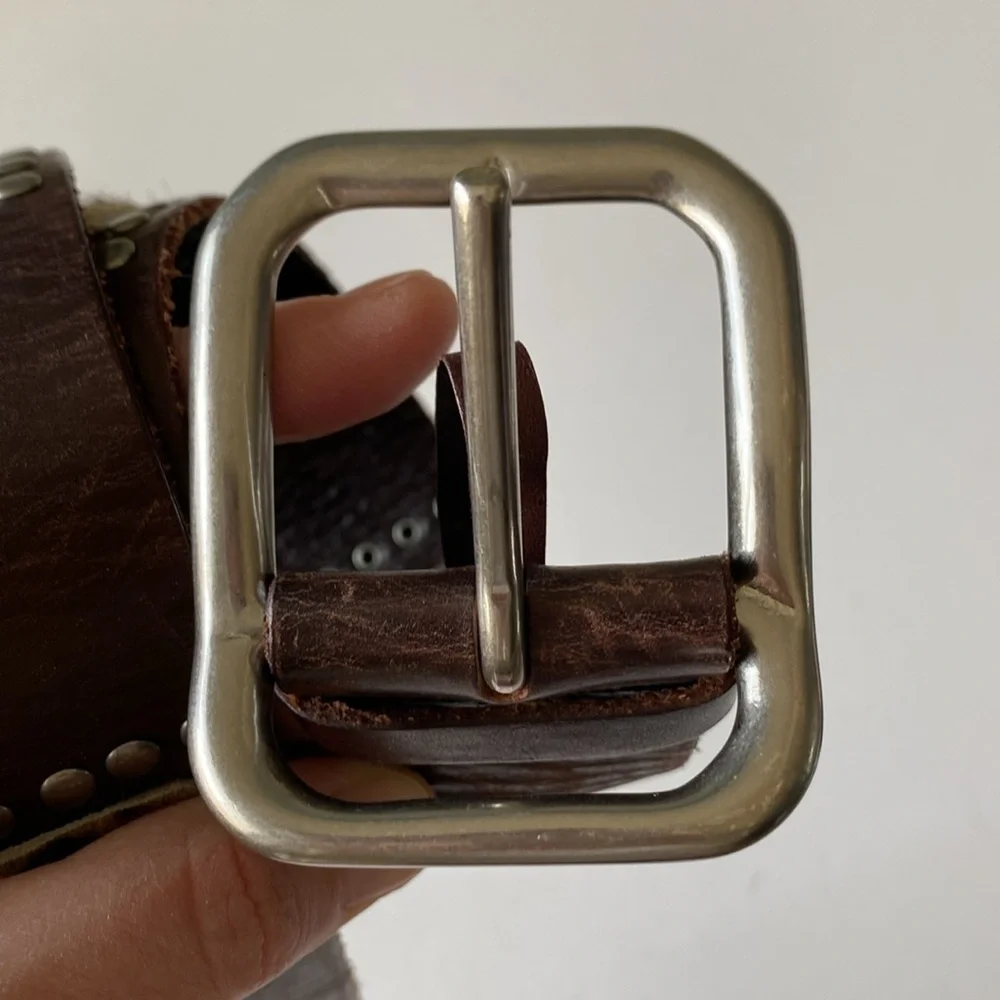 Linea Pelle brown leather calf hair studded belt size medium EUC